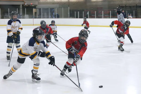 Hockey team playing on an ice rink